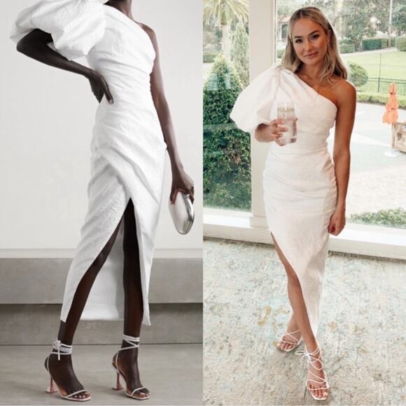 Rasario Asymmetric Draped Jacquard White Bridal Midi Dress size 6 US / 40 FR - Picture 1 of 16
